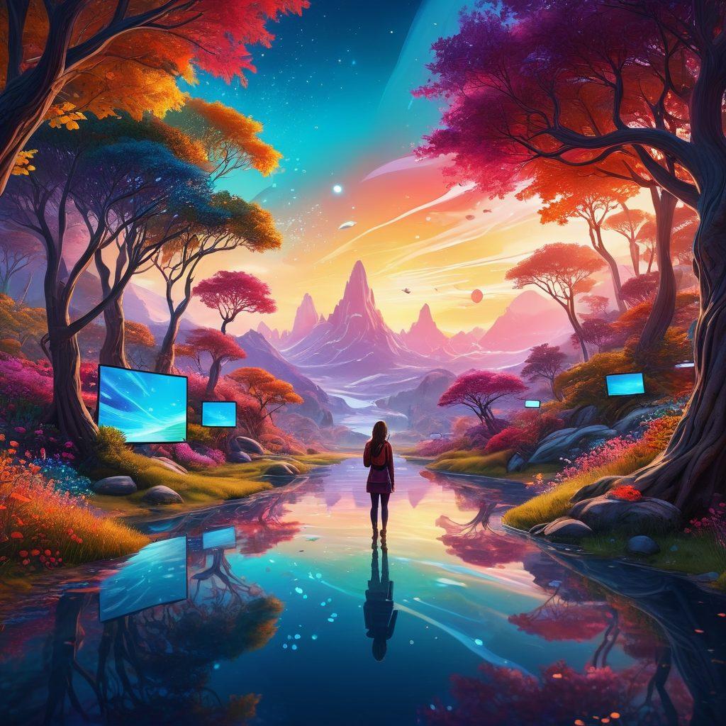 A whimsical digital landscape showcasing a storyteller surrounded by floating digital screens displaying vibrant illustrations, interactive elements, and vibrant text. Include a glowing pen that leaves trails of creativity, and colorful abstract shapes symbolizing imagination. The atmosphere should evoke inspiration and creativity, inviting viewers into the art of digital storytelling. super-realistic. vibrant colors. ethereal background.